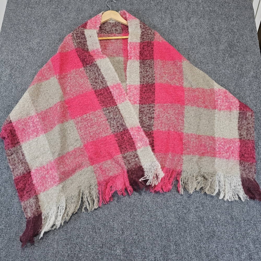 American Eagle Pink Plaid Mohair Wool Blend Blanket Scarf 21x76 SUPER SOFT